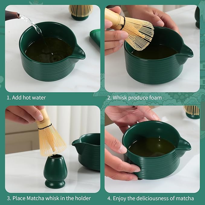 Matcha Whisk Set,Matcha Making Set with Dark Green Bowl,Matcha Whisk Holder, Stainless Sifter & Scoop, Tea Towel,Traditional Matcha Tea Set for Ceremony,Dark Green,7Pcs