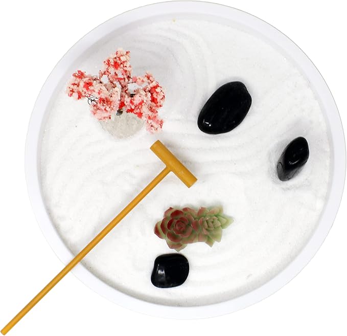 Nature's Mark Mini Zen Garden Kit for Desk with Rake, White Sand, Lotus Figures, White Round Base, Black River Rocks and Mini Blossom Tree (8Lx8W Round B)