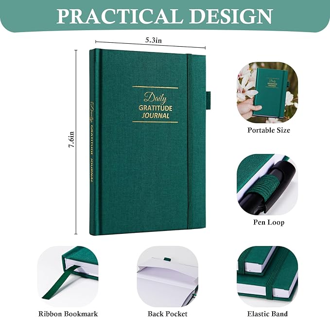 Gratitude Journal with 4 Inspirational Stickers: Undated Daily Gratitude Journal for Women and Men - More Happiness, Affirmation, and Mindfulness in A Few Minutes with Prompts & Quotes (Green)