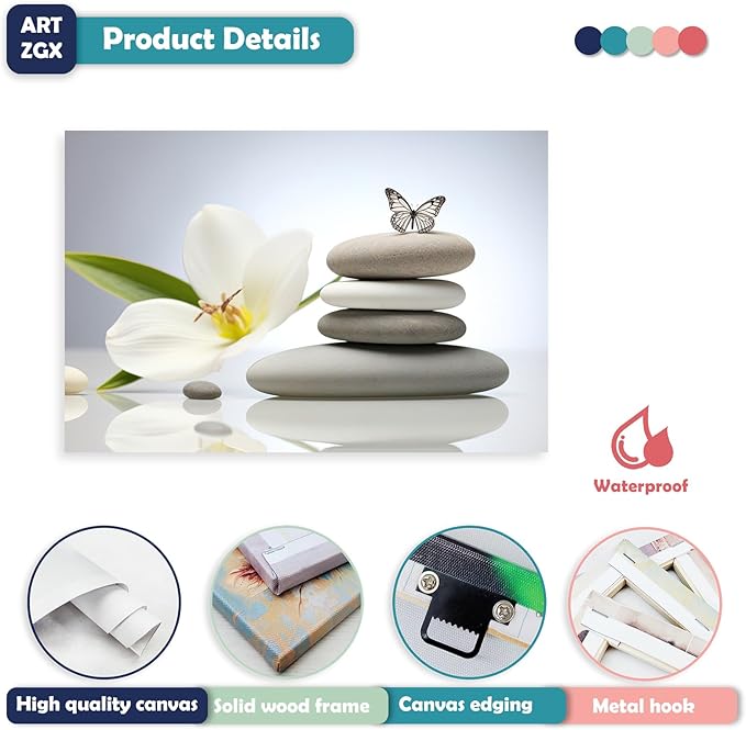 ARTZGX Zen Canvas Wall Art Spa Stones Picture Print Flower and Butterfly Painting Meditation Artwork Bathroom Yoga Decor Frame(Zen Flower - C 24.00" x 36.00")