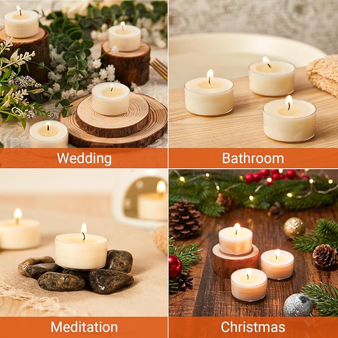 Crenovo Tea Lights Candles 100 Pack, Natural Soy Wax Tealights Candles Bulk 6 Hours Non-Toxic, Long Burning, Unscented Small Votive Cup Candles for Wedding, Party, Dinner, Emergency