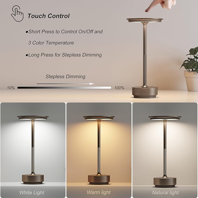 Rechargeable Table Lamps Cordless, Portable 5000mAh Outdoor Table Light, 3 Color Stepless Dimming LED Table Lamp with Memory Function, for Home/Dinner/Patio/Restaurant.(Light Cafe)