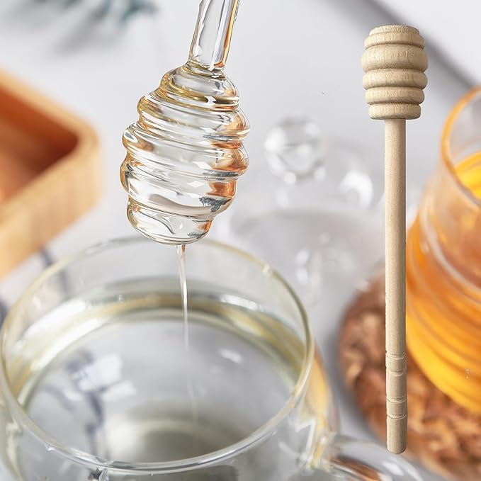 2 Pcs Honey Dipper Sticks for Honey Jar,Glass and Wooden Honey Dipper,Honeycomb Stick for Honey Pot Jar