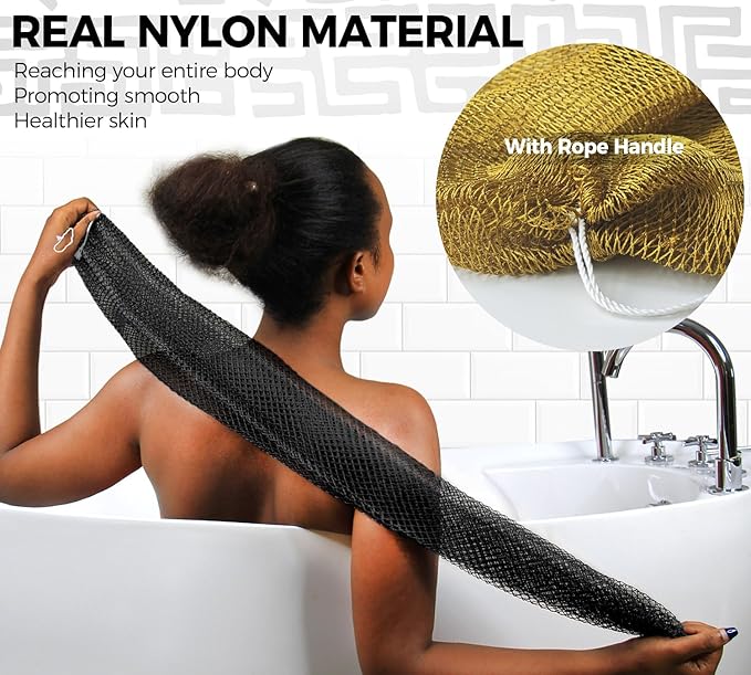 African Net Sponge Black and AntiGolden - 2 Pieces Authentic African Bath Sponges with Knots - Exfoliating Body Scrubber for Men - Back Scrub Exfoliator for Shower Bathroom Accessories