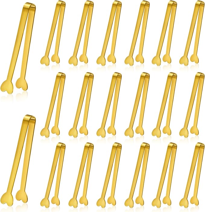 20-Packs Mini Serving Tongs, Stainless Steel Small Appetizers Tongs, Metal Kitchen Tongs, Ice Sugar Tongs for Serving Food (5inch，Gold)