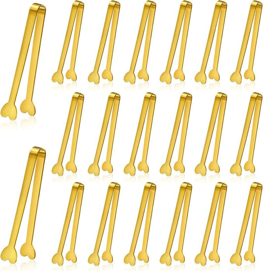 20-Packs Mini Serving Tongs, Stainless Steel Small Appetizers Tongs, Metal Kitchen Tongs, Ice Sugar Tongs for Serving Food (5inch，Gold)