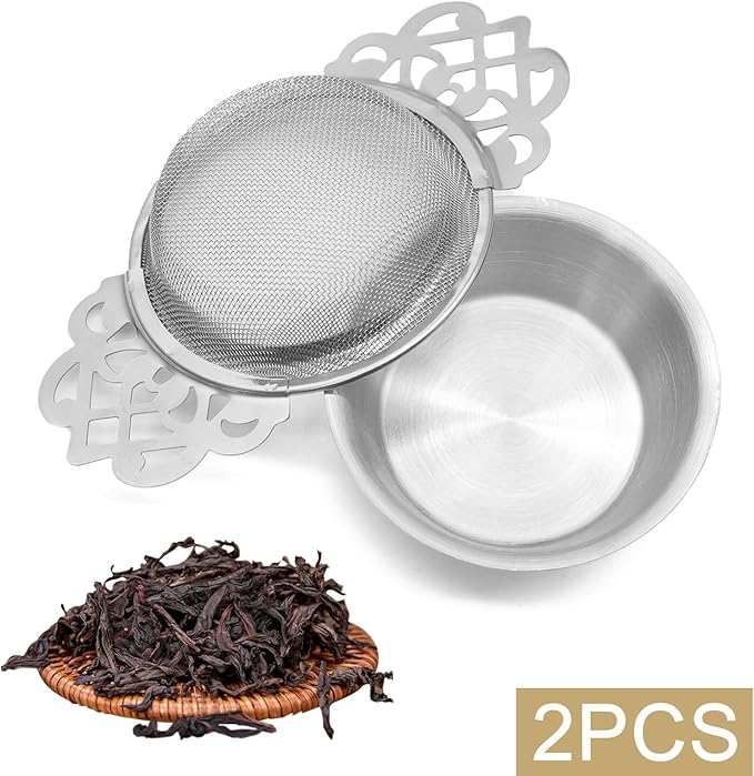 2 Pack Tea Strainers with Drip Bowls Stainless Steel Mesh Tea Infusers Loose Leaf Tea Filter with Handles Tea Steeper for Tea Juice Coffee Drinks, Gold & Silver
