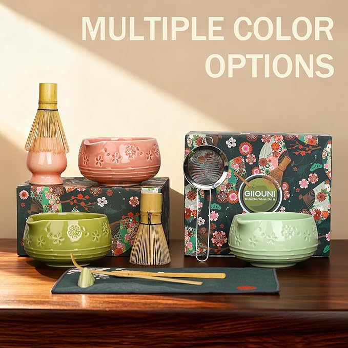 Matcha Whisk Set, Ceramic Bowl with Spout, Bamboo Matcha Whisk & Spoon, Chasen Holder, Scoop Rest, Sifter, 8-Pcs Japanese Matcha Powder Kit–Gift for Ceremony & Matcha Lovers-Matcha Green