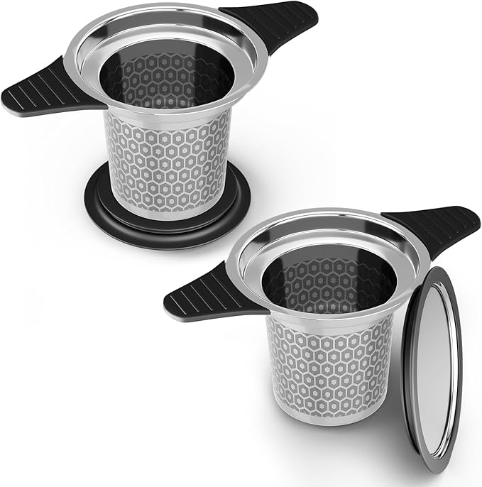 Reinmoson 2 Pack Extra Fine Mesh Tea Strainers for Loose Tea Single Cup, 304 Stainless Steel and Food Grade Silicone Loose Leaf Tea Steeper Tea Strainers & Filters for Black Tea, Coffee, Rooibos, etc