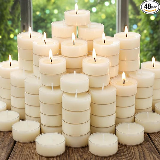 48 Pcs Natural Beeswax Tealight Candles White, Pure Beeswax Tea Candles in Clear Cup, Organic Ivory Small Tea Light Candles with 4 Hours Clean Burn Time, Soy, Paraffin, & Fragrance Free