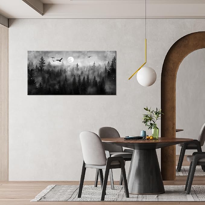 ZESTRILIA Forest Wall Art Black & White Moon Night Retro Canvas Prints Modern Rustic Paintings Nordic Artwork Landscape Picture for Country Farmhouse Living Room Bedroom Home Office Décor (23x46inch)