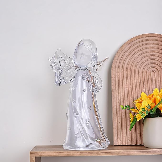 Acrylic Clear Guardian Angel Figurines with LED Light, Crystal Glass Finish Angel Statue, Large Christmas Angels Gifts for Women, Healing Angels Figurines Decorations(Star)
