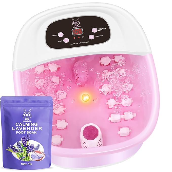 Foot Spa Bath Massager with Heat Bubbles and Vibration Massage and Jets, 16 OZ Calming Lavender Foot Soak Epsom Salt, Foot Soaker with Red Light, 22 Massage Rollers, Adjustable Temp - Pink