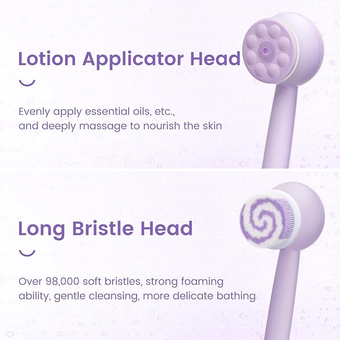 Electric Back Scrubber for Shower Body Brush, Waterproof Shower Body Scrubber for Cleansing, Massaging, Rechargeable Bath Brush for Kids & Adults with 2 Heads & 3 Speed Modes, Taro Purple XY0