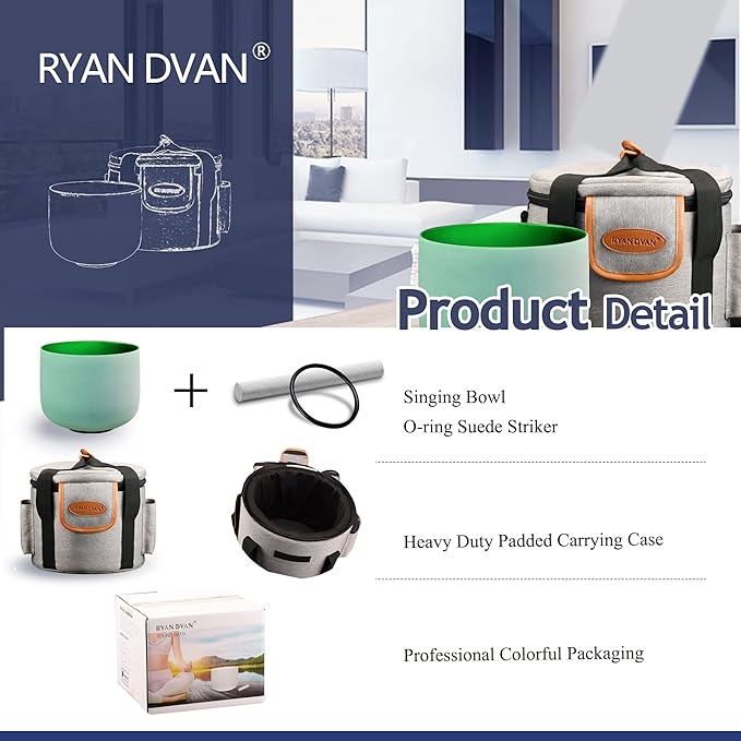 RYAN DVAN 432 hz 8” F Note Green Frosted Heart Chakra Crystal Singing Bowl with Free Heavy-Duty Carrying Case and Suede Striker O-Ring