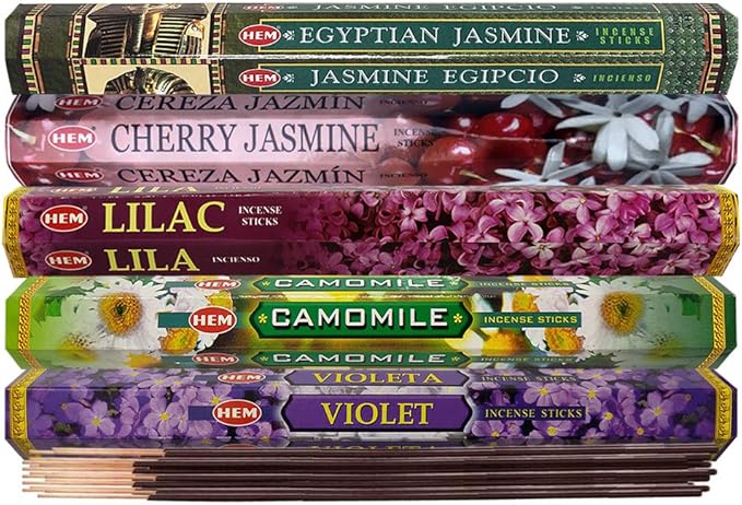 TRUMIRI Incense Sticks Variety Pack #13: 5 Fragrances (Egyptian Jasmine, Cherry Jasmine, Lilac, Camomile, Violet) - 100 Sticks (20 of Each) with Holder