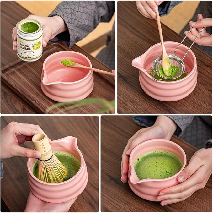 Matcha Whisk Set - Ceramic Bowl, Bamboo Whisk with Holder, Sifter, Schima Spoon, Spoon Rest and Tea Towel - 7 Pcs Complete Kit for Traditional Matcha and Modern Lattes (Pink)