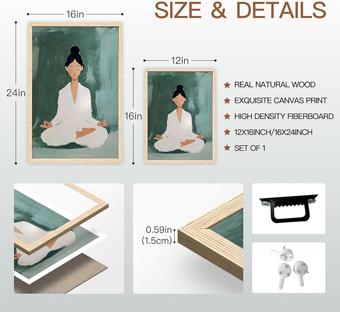 GELDSTEI Wood Framed Zen Wall Art, Tranquil Meditation Wall Decor, Yoga Girl Canvas Painting, Spiritual Aesthetic Picture, Calming Mindfulness Poster Print for Living Room Spa Yoga Studio 12"x16"