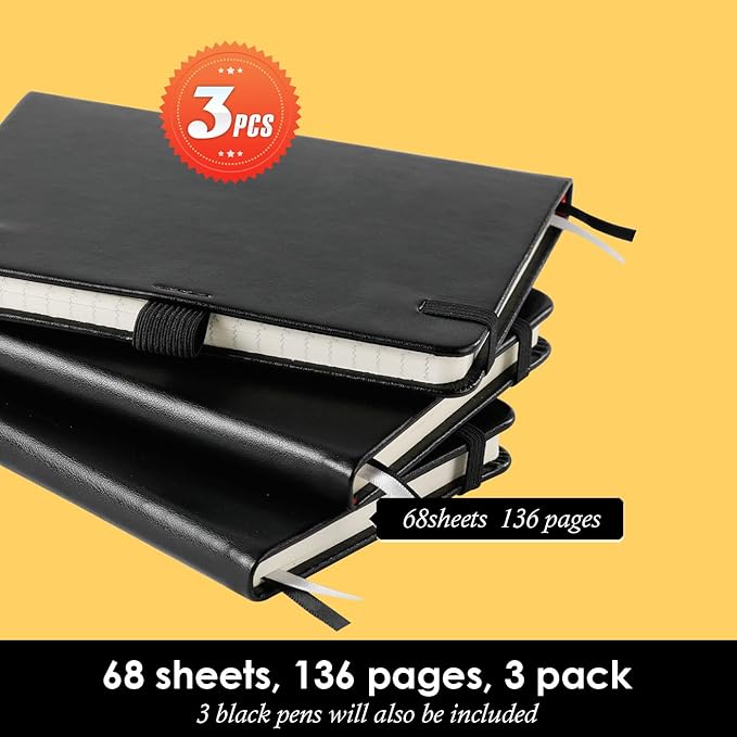 (3 Pack) Pocket Notebook Journal, Hardcover Small Mini Notebooks with Pens for Work, 3.7" x 5.7" A6 Notebook College Ruled with 100Gsm Premium Thick Lined Paper, Black Leather