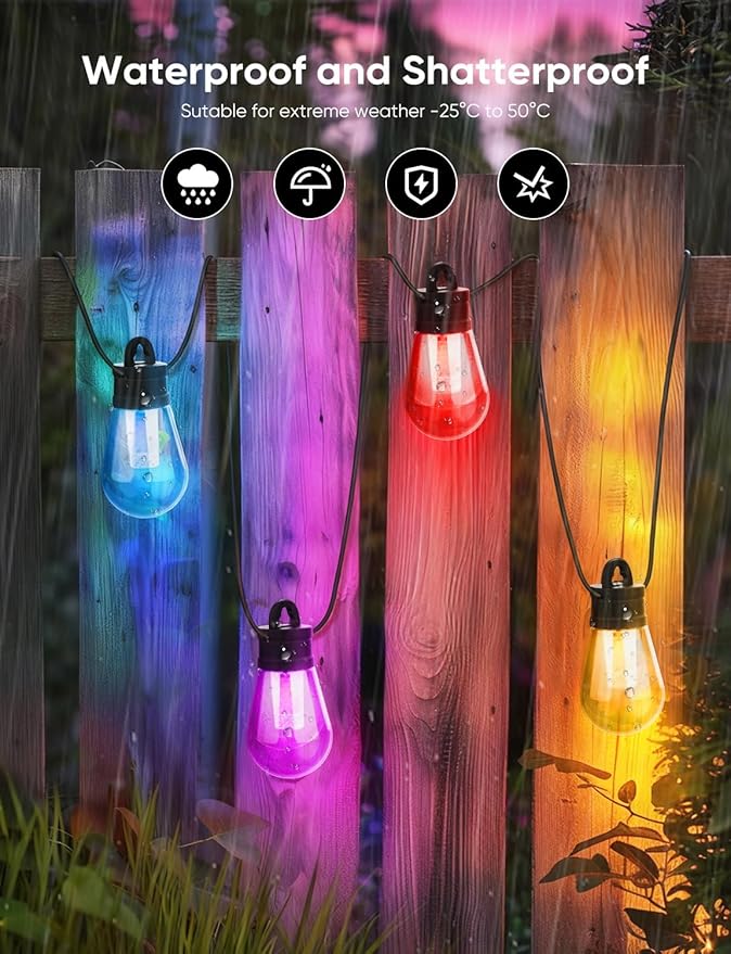 APPECK Smart Outdoor String Lights, 50ft RGBW Outdoor Patio Lights with 15 LED Bulbs, Extendable, 111 Scene Modes, IP65 Waterproof Lighting for Outside, Halloween Decor, Compatible with Alexa