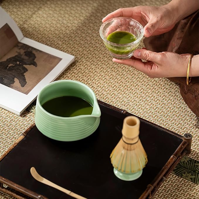 8 Pcs Matcha Whisk Set, Ceramic Matcha Whisk Holder, Ceramic Bowl with Spout, Matcha Ceremony Accessory, Home Kitchen Decor Tea Gifts for Birthdays, Halloween and Christmas (Green)