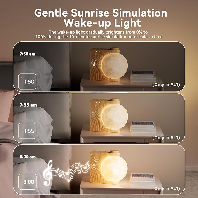 Sunrise Alarm Clocks for Heavy Sleepers,Night Lamp Clocks for Bedrooms with Moon Light,10 Light Effects,30/60/90 Timer,10 Sleep Nature Sounds,15 Ringtones,12 Volume Control with Snooze Function