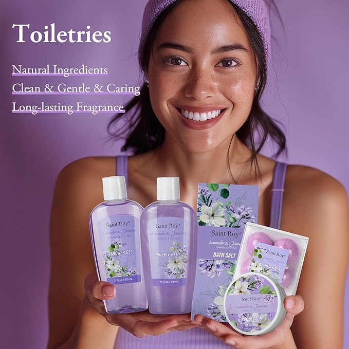 Spa Gift Basket for Christmas Gifts - 13 Pieces Lavender Jasmine Bath & Body Care Kit for Women, Holiday Gift for Mothers Day, Valentine's Day, Self Care Pampering Gifts, Birthday Gifts