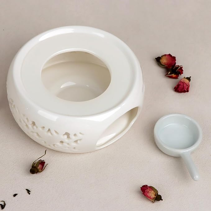 KAYCROWN Teapot Warmer, Ceramic Tea Warmer with Tealight Holder, Teapot Heater for Heating Tea, Coffee, Milk, Tea Light Warmer (White)