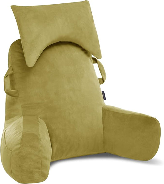 Portable Reading Pillows with Headrest for Bed Sitting Up(Pale Green Oeko-Tex), Velvet Back Pillow with Arms & Pockets for Adults, Support Memory Foam Bed Pillow for Dorm/Watching/Gaming