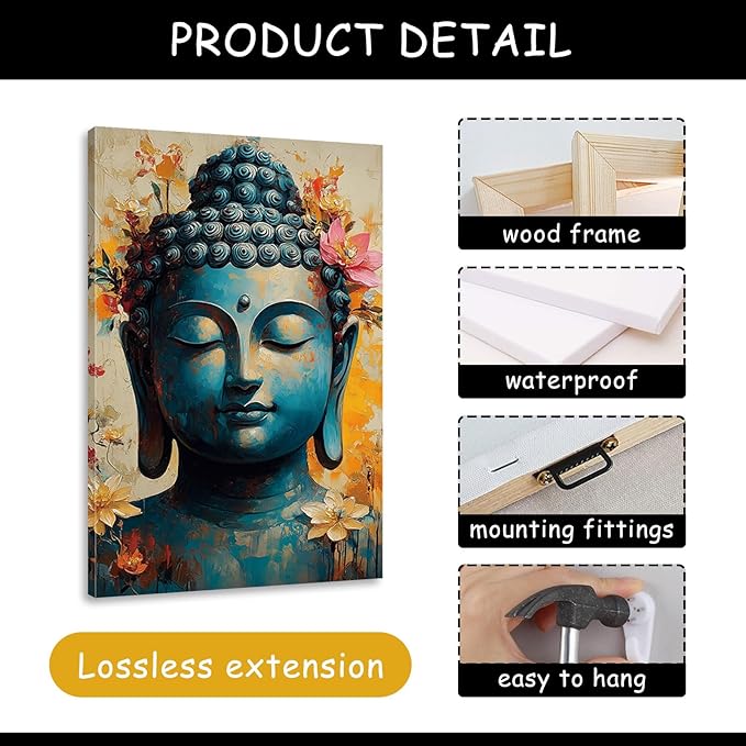 Findbeauty Buddha Canvas Wall Art, Floral Buddha Canvas Print, Zen Meditation Wall Decor, 3 Pcs Buddhist Pictures, Inspirational Wall Decor, Spiritual Wall Art for Living Room (16" x 24" x 3 pcs)