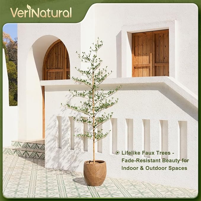 Artificial Black Olive Tree 7FT Indoor Outdoor Decor Faux Plants - Real Wood Trunk Fake Tree with Green UV Resistant Leaves - Tall Floor Plant for Modern Home Office Living Room Decoration