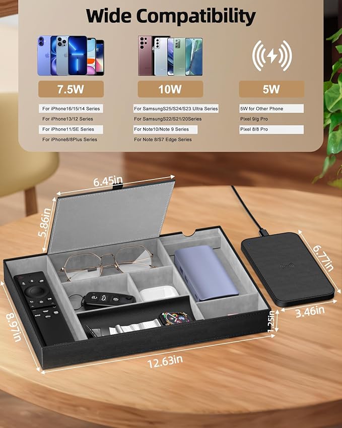 Valet Tray with Wireless Charger, Nightstand Organizer, Leather Desk Drawer Organizer Tray with 7 Compartments for Jewelries, Watch, Key, Wallet, Phone, Black