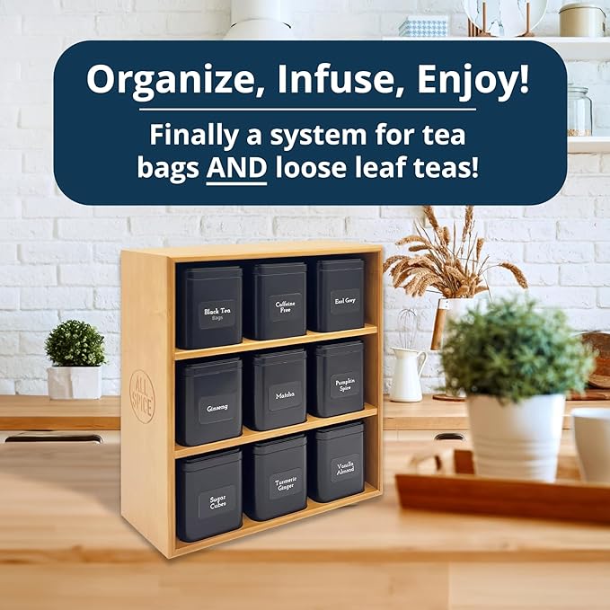 AllSpice Tea Organizer Rack with 9 Tins & 160 Magnetic Labels – Perfect for Bagged & Loose Leaf Tea Organization - Bamboo