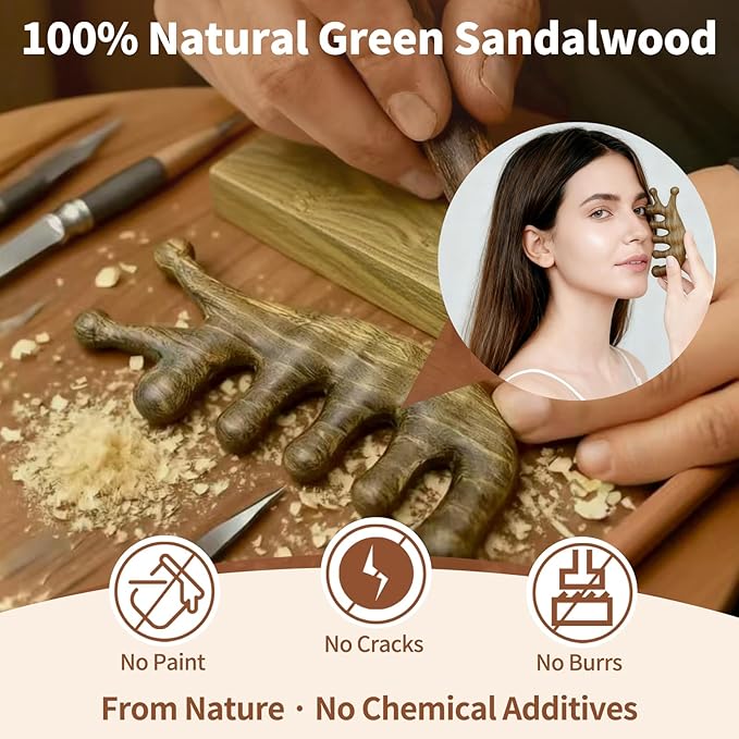 Green Sandalwood 4-in-1 Massage Comb & Gua Sha Tool for Scalp, Face & Body – Natural Wooden Comb for Relaxation, Stress Relief & Hair Care – Luxury Self-Care Gift for Women, Mom & Girlfriend