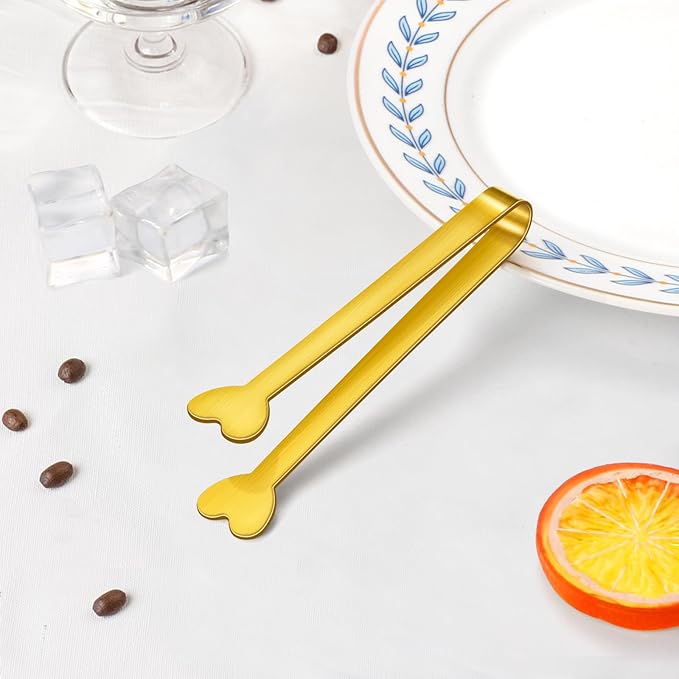 20-Packs Mini Serving Tongs, Stainless Steel Small Appetizers Tongs, Metal Kitchen Tongs, Ice Sugar Tongs for Serving Food (5inch，Gold)