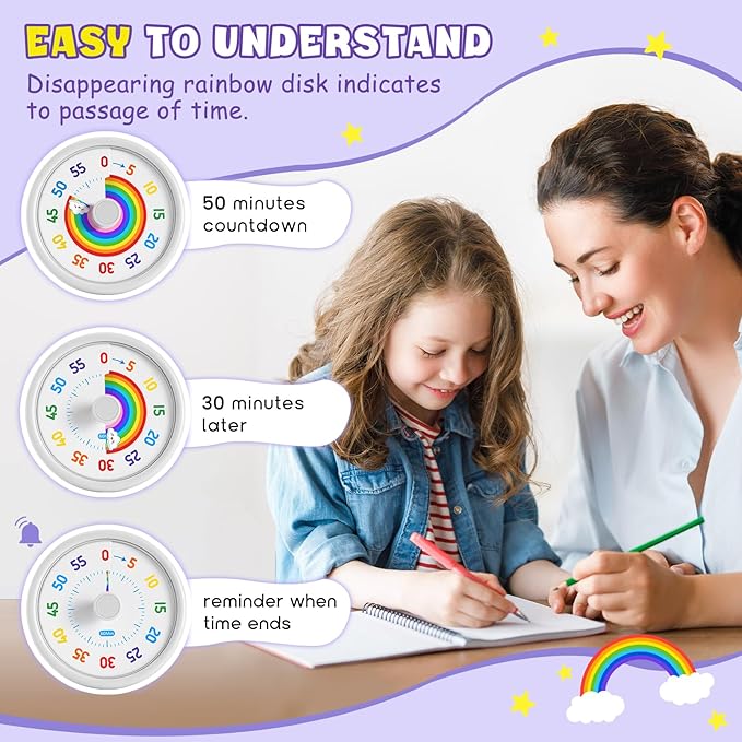HIPPIH Visual Timer for Kids, 60 Minute Countdown Timers for Classroom Kitchen Office, Rainbow Disk Desk Timer Clock with Silent Operation, Pomodoro Timer Time Management Tools for Toddler ADHD White