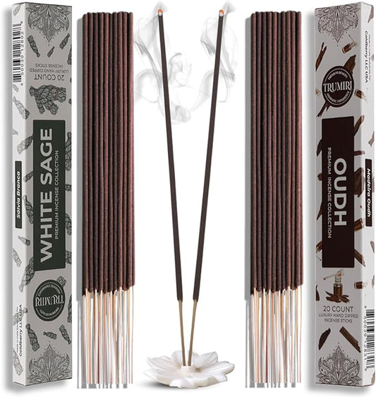 Trumiri Incense Sticks - Combo Pack of 40 Insence-Sticks - 20 White Sage + 20 Oud - Insenses - Insents - Incents - Inscense - Incence - Incienso - All Natural Incense Sticks