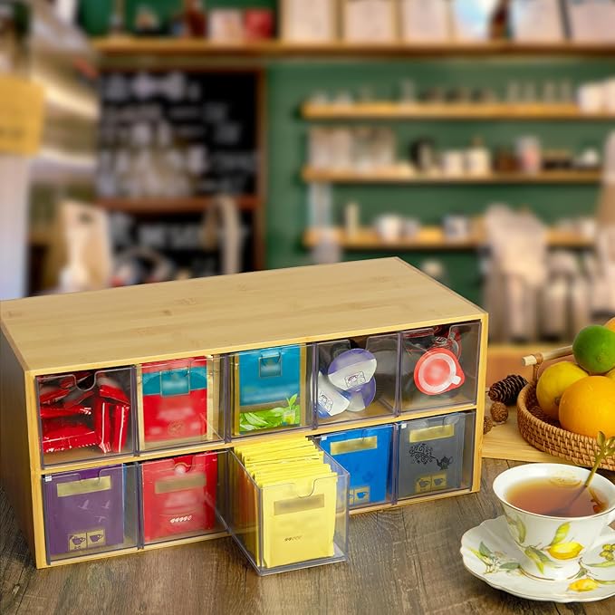 TIMIEEYA Tea Bag Organizer - Bamboo Tea Storage Organizer With Drawer 2 Layer, Tea Organizer for Tea Bags Natural Wood & Acrylic for Countertop Office Kitchen Cabinet Pantry