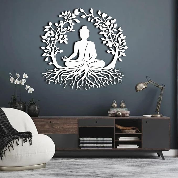 ENJOYOO Tree of Life and Buddha Metal Wall Decor, Tree of Life Wall Art, Buddha Metal Wall Art for Living Room, Bedroom, Outdoor (Black, 24×22in/60×56cm, metal wall art)