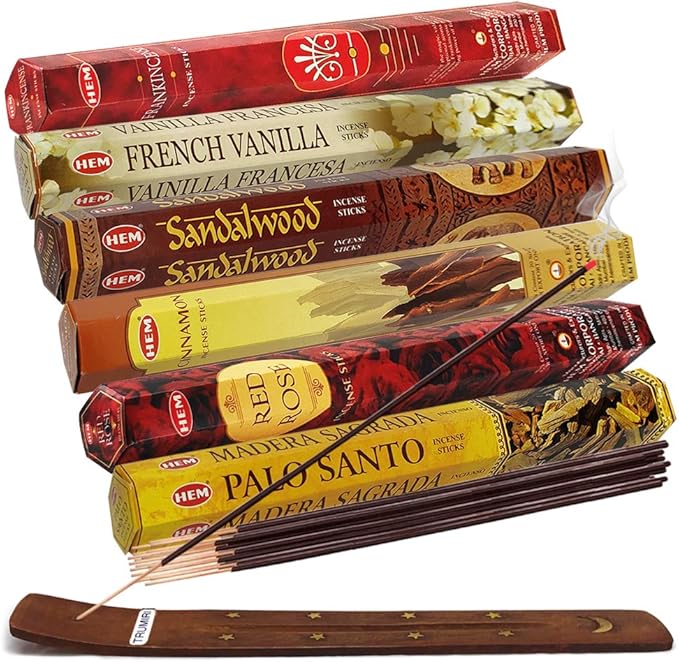 Hem Incense Sticks Variety Pack #22 and Incense Stick Holder Bundle with 6 Most Desired Fragrances