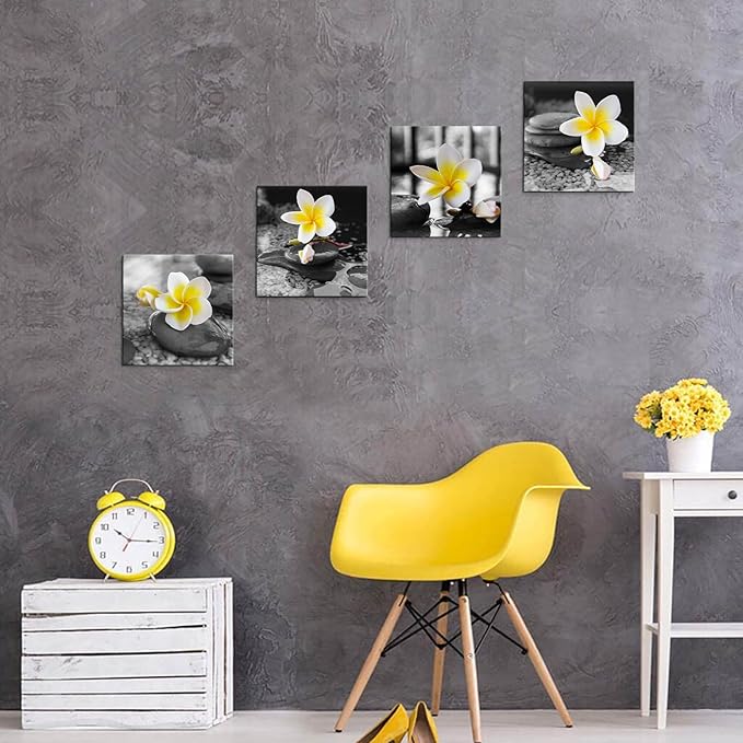 Yxbhhym-Black and White Wall Art Yellow Gray Bathroom Decorations Stone Zen Canvas Prints Spa Paintings Frangipani Flowers Pictures Meditation Artwork for Bedroom Kitchen Living Room Decor Framed