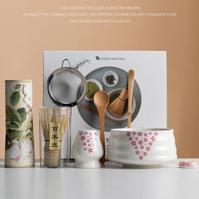 Ceramic Matcha Whisk Set, Complete Matcha Set-8PCS for Ceremonial Grade Matcha, Tea Gifts for Tea Lovers for Christmas, Birthday, Halloween (Petal)