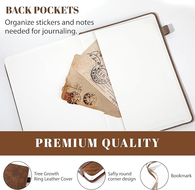 CAGIE Lined Journal for Men Women, Tree Growth Ring Leather Bound Journal Notebook, 256 Pages 100 GSM Journals for Writing, A5 Hardcover Journaling Notebooks,2 Pack (Brown & Brown)