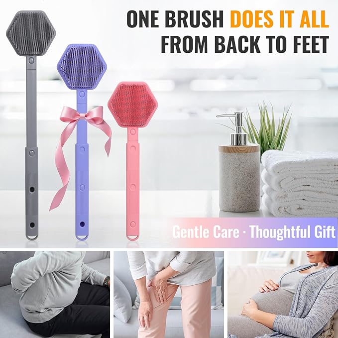 Silicone Back Scrubber for Shower – 21in Extendable Shower Brush with Long Handle – Dual-Sided Back Brush with Non-Slip Grip, Gentle Cleansing & Exfoliation for Men, Women, Elderly (Pink)