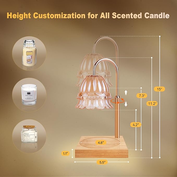 Candle Warmer Lamp, Candle Warmer Lamp Adjustable Height, Candle Warmer Light with Timer & Dimmer, Compatible with Jar Scented Candles, Flower Candle Warmer with 3 Bulbs for Home Decor