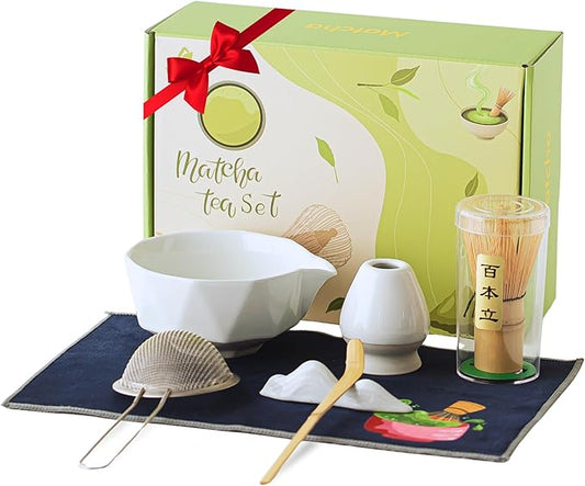 TEPEAK Matcha Whisk Set, 7 Pcs Matcha Set white, Matcha Kit for Ceremony, Matcha Tea Set for Making Breakfast/Latte, Ceramic Matcha Bowl (Chawan) with Spout and Bamboo Whisk, Gift for Friend/Family