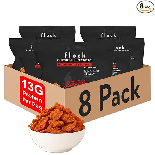 Flock Keto Chicken Skin Chips | Hattie B's Nashville Hot Flavor | Low Carb, High Protein, Sugar Free, Gluten Free Fried Chicken Skins for People | (1oz) 8-Pack Crispy Flock Chips