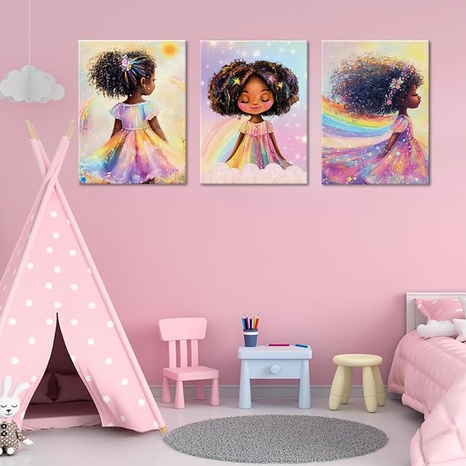 Black Girl Princess Wall Art, Rainbow Hair Girl Painting,Cute Afro Girls Art,Cute Black Girl Nursery Art,Whimsical Rainbow Art Print Set Poster,Black Kids Canvas Prints,Framed16 x 24inches X3piece