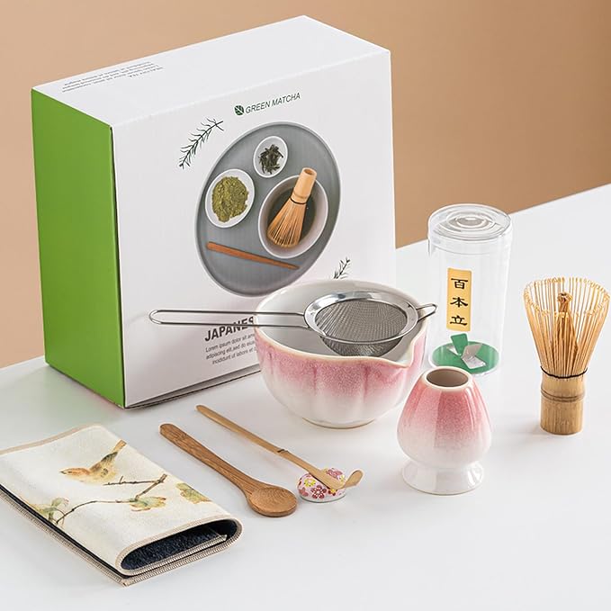 Ceramic Matcha Whisk Set, Complete Matcha Set-8PCS for Ceremonial Grade Matcha, Tea Gifts for Tea Lovers for Christmas, Birthday, Halloween (Cherry Blossom Pink)