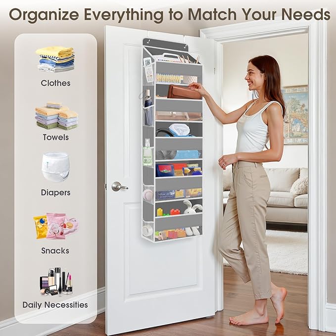 2 Pack Over The Door Organizer, Hanging Storage Organizer with Clear Window, 40lb Ultra Sturdy Large Capacity Room Organizer for Pantry Laundry Bathroom Nursery Closet (Grey)